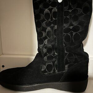COACH Signature  Black Suede Leather Fleece Mid Calf Winter Boots, Size 8.5B